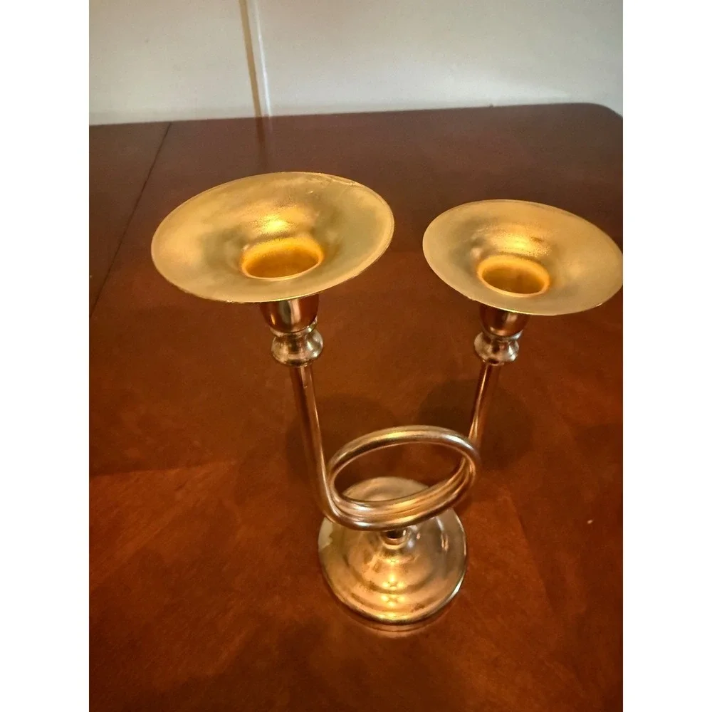Vintage Brass French Horn Double Taper Candle Holder Musical Candelabra Gold 10